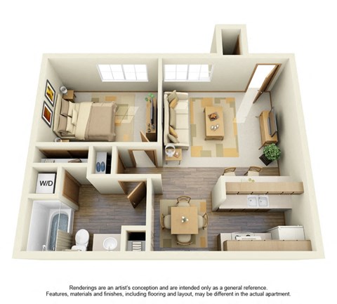 Floor plan for 1 bed, 1 bath, 628 sqft